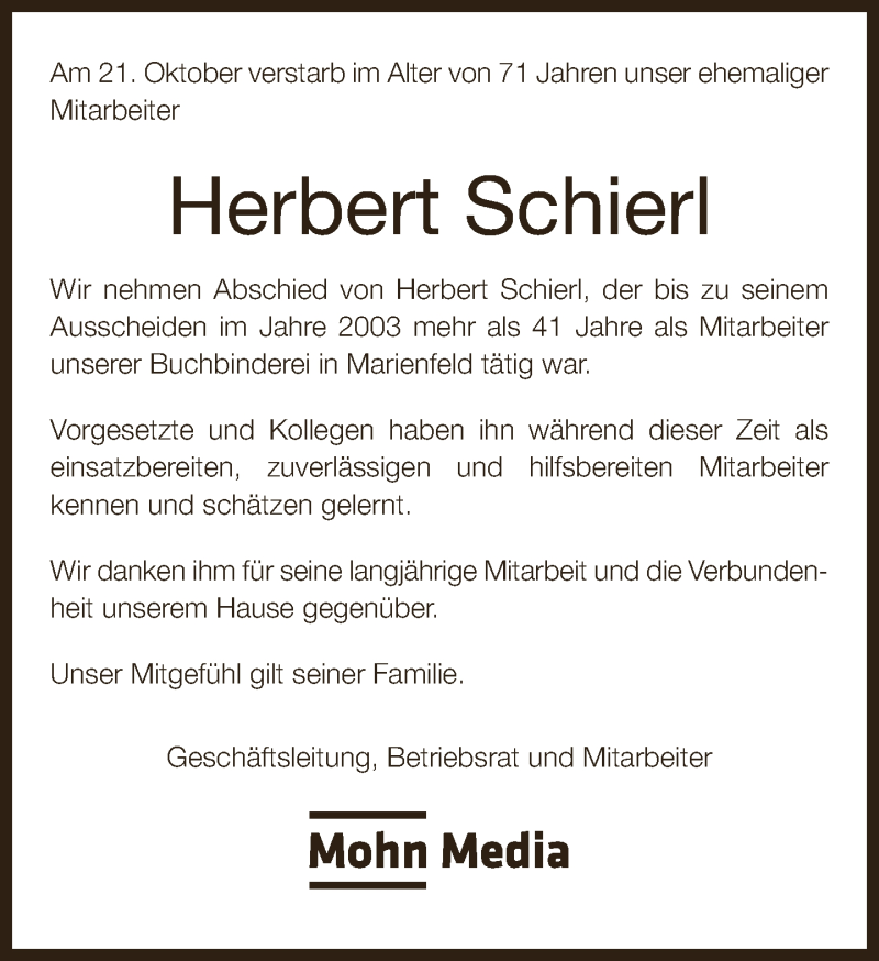  Traueranzeige für Herbert Schierl vom 24.10.2018 aus Neue Westfälische
