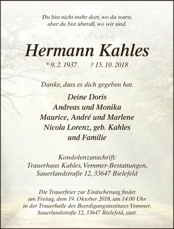 Traueranzeige von Hermann Kahles von Neue Westfälische