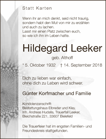 Traueranzeige von Hildegard Leeker von Neue Westfälische