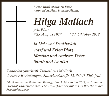 Traueranzeige von Hilga Mallach von Neue Westfälische