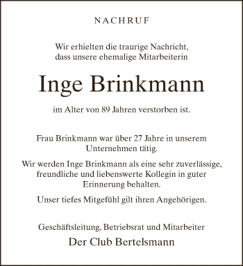 Traueranzeige von Inge Brinkmann von Neue Westfälische