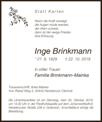 Traueranzeige von Inge Brinkmann von Neue Westfälische