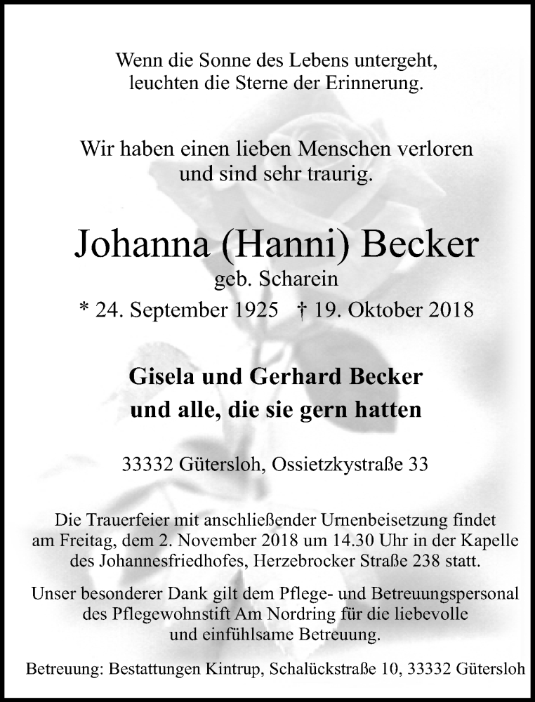  Traueranzeige für Johanna Becker vom 24.10.2018 aus Neue Westfälische