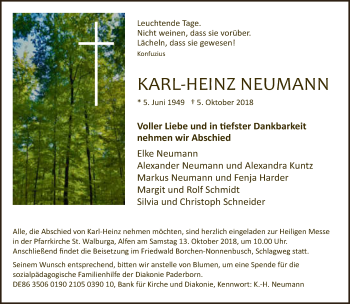 Traueranzeige von Karl-Heinz Neumann von Neue Westfälische