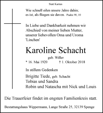 Traueranzeige von Karoline Schacht von Neue Westfälische