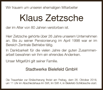 Traueranzeige von Klaus Zetzsche von Neue Westfälische