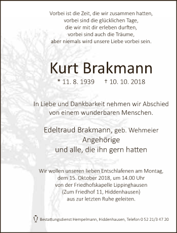 Traueranzeige von Kurt Brakmann von Neue Westfälische