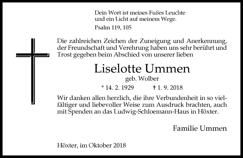  Traueranzeige für Lieselotte Ummen vom 06.10.2018 aus Neue Westfälische