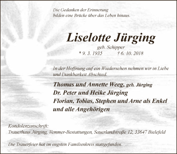 Traueranzeige von Liselotte Jürging von Neue Westfälische
