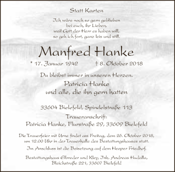 Traueranzeige von Manfred Hanke von Neue Westfälische