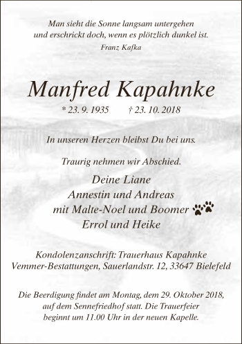 Traueranzeige von Manfred Kapahnke von Neue Westfälische