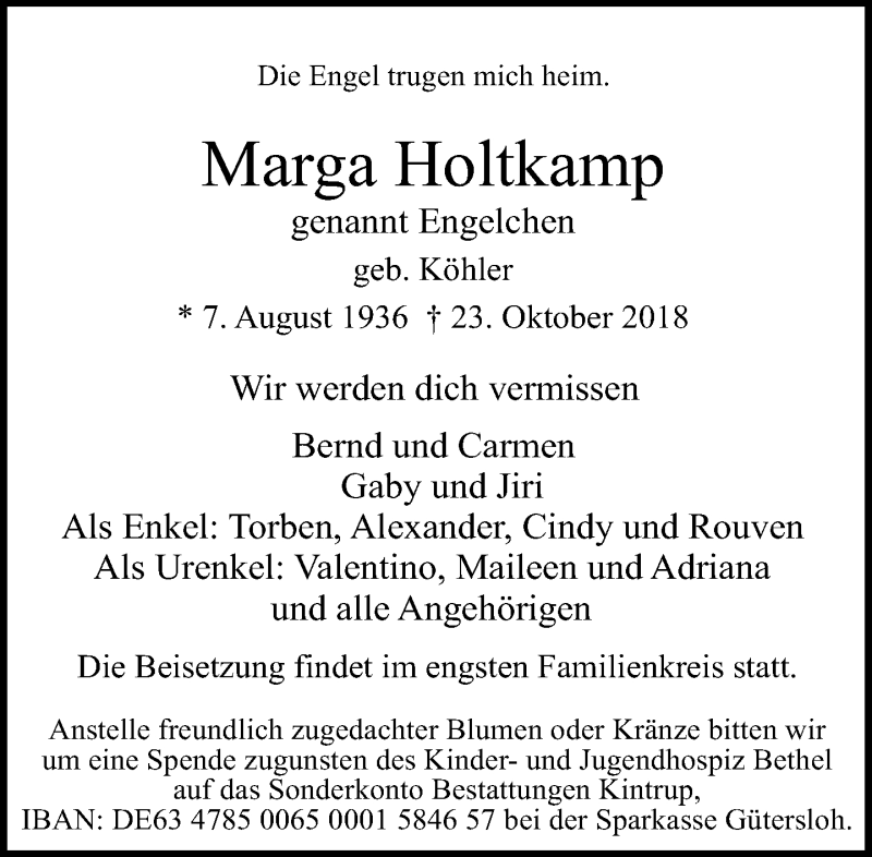  Traueranzeige für Marga Holtkamp vom 30.10.2018 aus Neue Westfälische