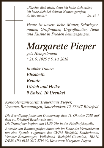 Traueranzeige von Margarete Pieper von Neue Westfälische