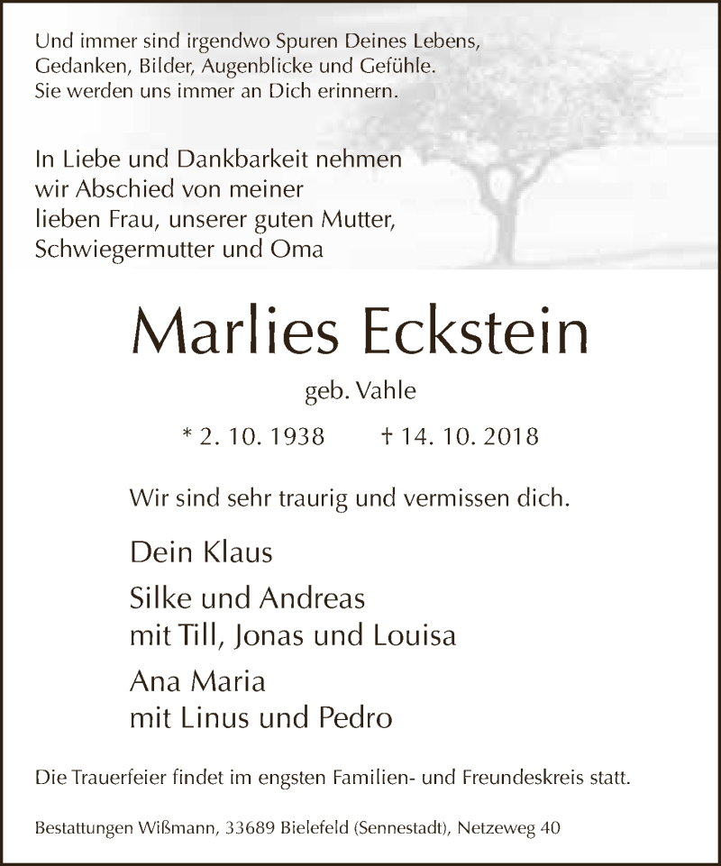  Traueranzeige für Marlies Eckstein vom 17.10.2018 aus Neue Westfälische