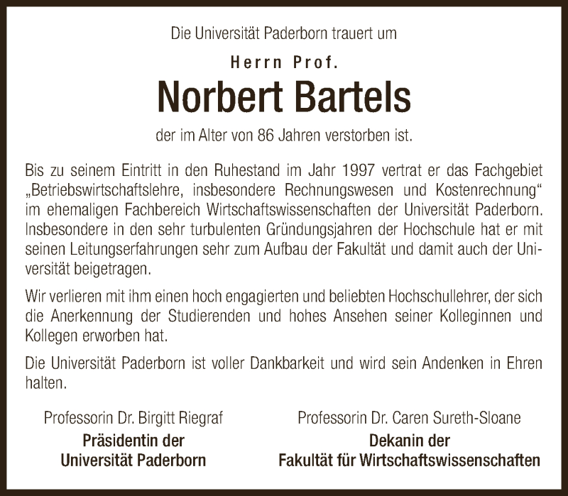  Traueranzeige für Norbert Bartels vom 30.10.2018 aus Neue Westfälische