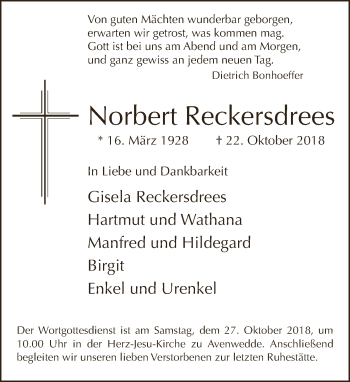 Traueranzeige von Norbert Reckersdrees von Neue Westfälische