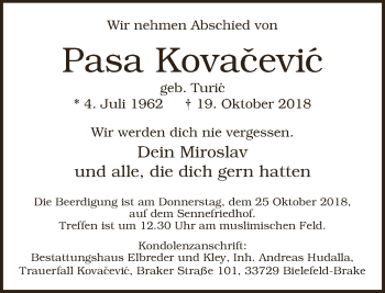 Traueranzeige von Pasa Kovacevic von Neue Westfälische