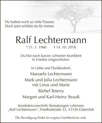 Traueranzeige von Ralf Lechtermann von Neue Westfälische