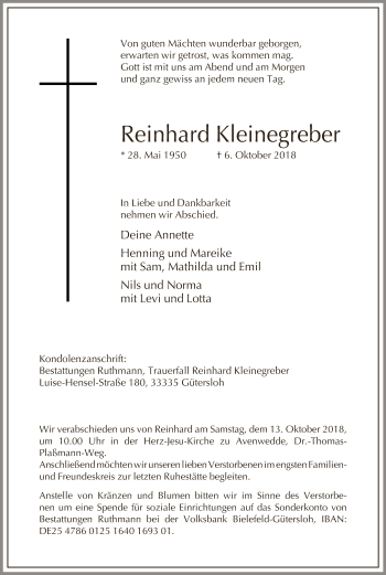 Traueranzeige von Reinhard Kleinegreber von Neue Westfälische