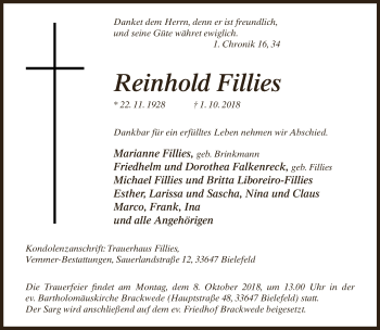 Traueranzeige von Reinhold Fillies von Neue Westfälische