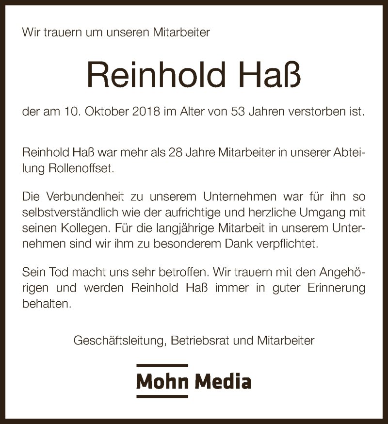  Traueranzeige für Reinhold Haß vom 18.10.2018 aus Neue Westfälische