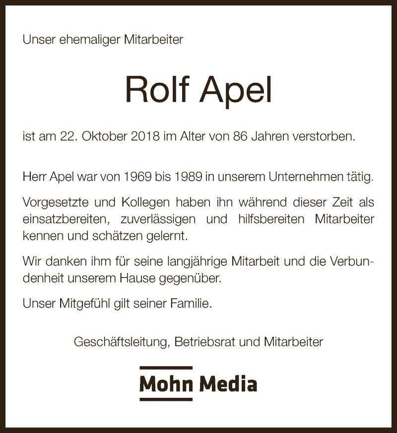  Traueranzeige für Rolf Apel vom 31.10.2018 aus Neue Westfälische