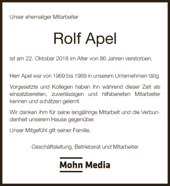 Traueranzeige von Rolf Apel von Neue Westfälische