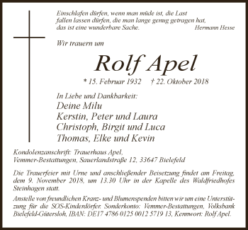 Traueranzeige von Rolf Apel von Neue Westfälische