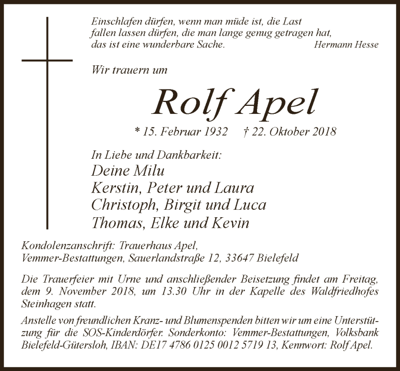  Traueranzeige für Rolf Apel vom 29.10.2018 aus Neue Westfälische