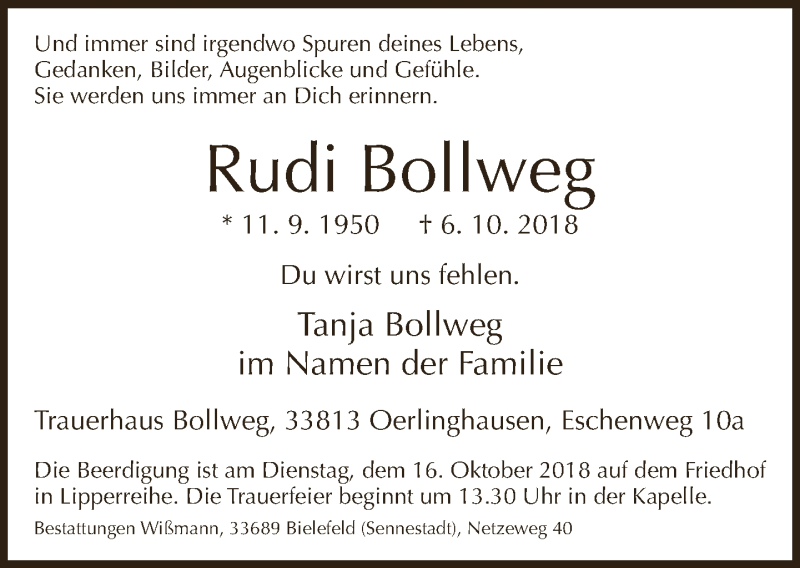  Traueranzeige für Rudi Bollweg vom 13.10.2018 aus Neue Westfälische