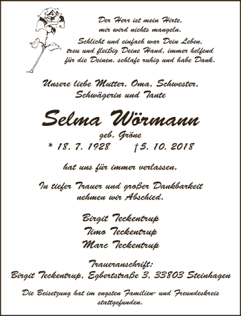 Traueranzeige von Selma Wörmann von Neue Westfälische