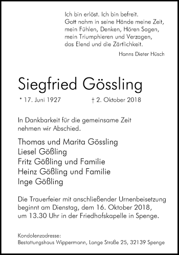 Traueranzeige von Siegfried Gössling von Neue Westfälische