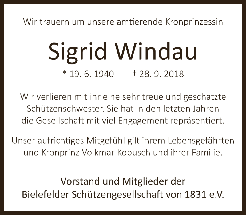  Traueranzeige für Sigrid Windau vom 06.10.2018 aus Neue Westfälische