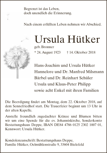 Traueranzeige von Ursula Hütker von Neue Westfälische