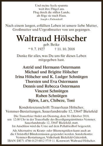 Traueranzeige von Waltraud Hölscher von Neue Westfälische