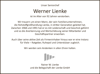 Traueranzeige von Werner Lienke von Neue Westfälische