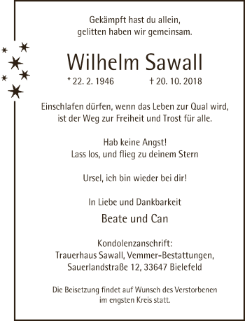 Traueranzeige von Wilhelm Sawall von Neue Westfälische