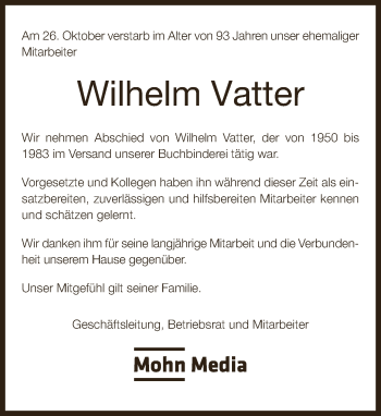 Traueranzeige von Wilhelm Vatter von Neue Westfälische