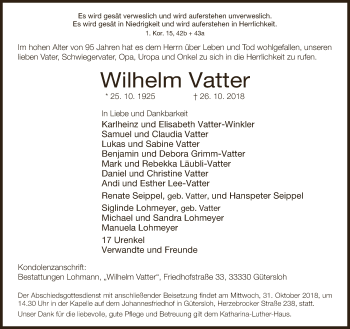 Traueranzeige von Wilhelm Vatter von Neue Westfälische