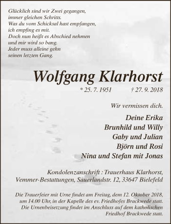 Traueranzeige von Wolfgang Klarhorst von Neue Westfälische