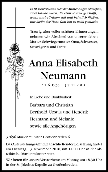 Traueranzeige von Anna Elisabeth Neumann von Neue Westfälische