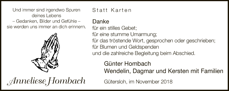  Traueranzeige für Annelise Hombach vom 10.11.2018 aus Neue Westfälische