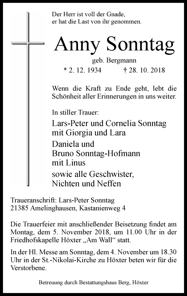  Traueranzeige für Anny Sonntag vom 01.11.2018 aus Neue Westfälische