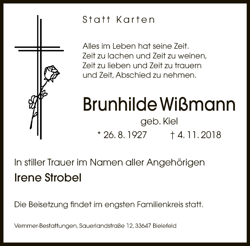  Traueranzeige für Brunhilde Wißmann vom 10.11.2018 aus Neue Westfälische