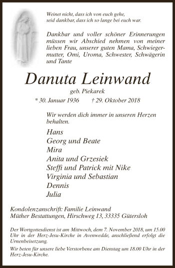 Traueranzeige von Danuta Leinwand von Neue Westfälische