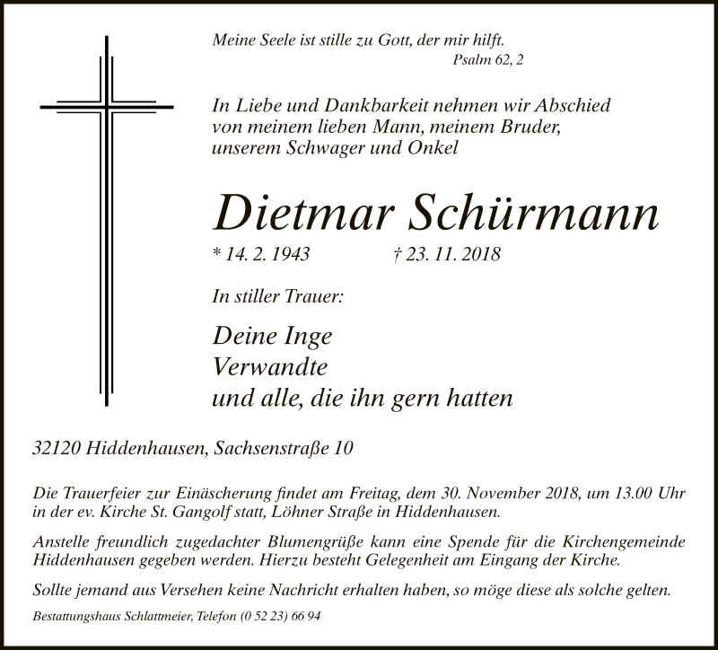  Traueranzeige für Dietmar Schürmann vom 27.11.2018 aus Neue Westfälische