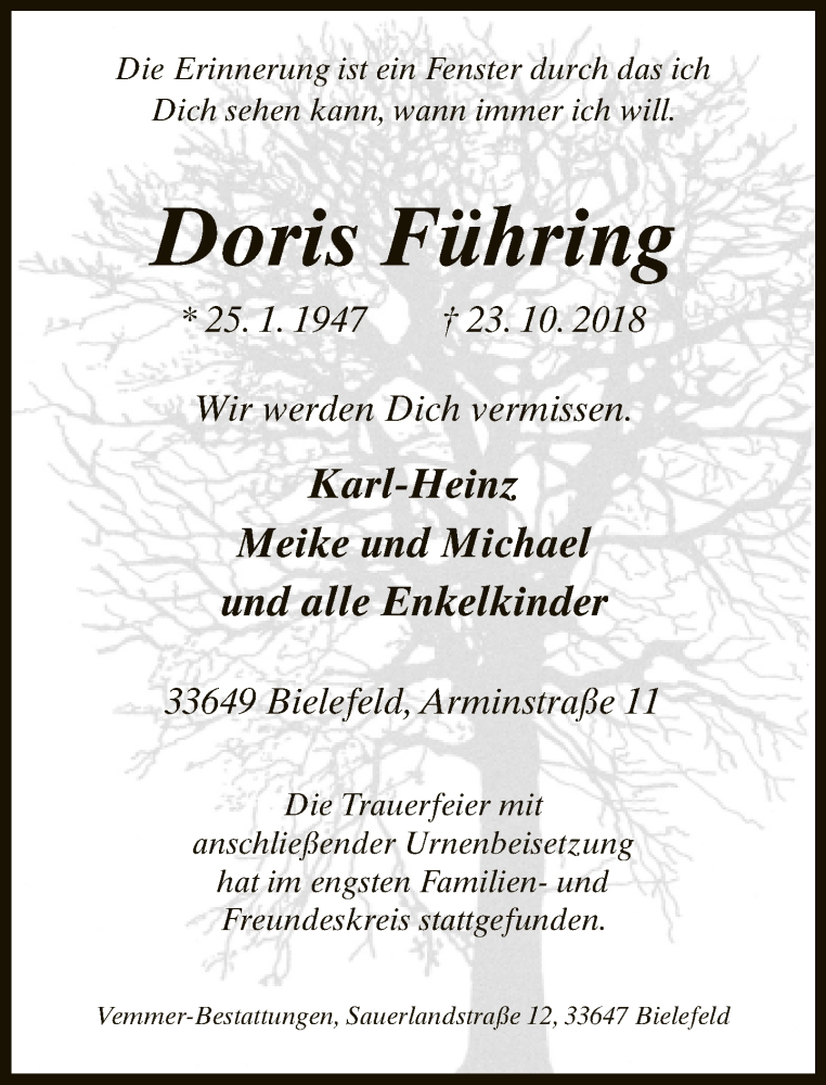  Traueranzeige für Doris Führing vom 10.11.2018 aus Neue Westfälische