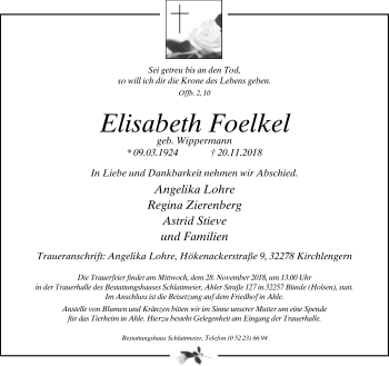 Traueranzeige von Elisabeth Foelkel von Neue Westfälische