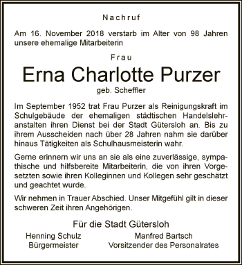 Traueranzeige von Erna Charlotte Purzer von Neue Westfälische