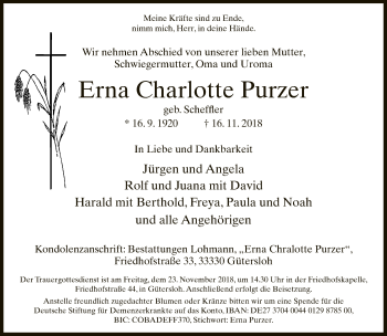 Traueranzeige von Erna Charlotte Purzer von Neue Westfälische